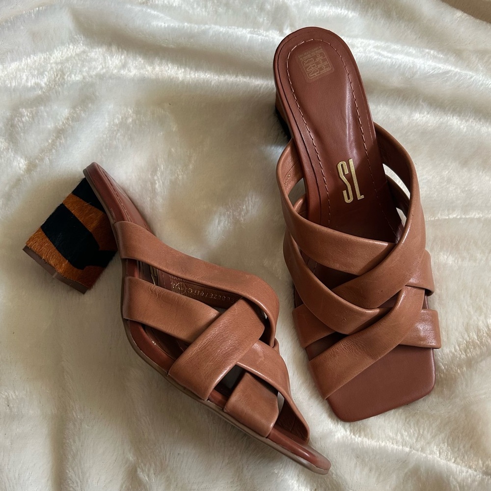 Santa Lolla woven leather square toe calf hair kitten heel sandals 38